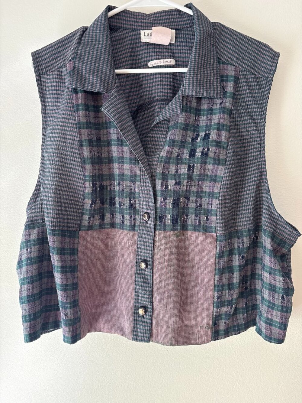 Vintage 90s Lady Dorby Patchwork Plaid Vest 🍂 Goblincore Earth Tone Crop Blouse